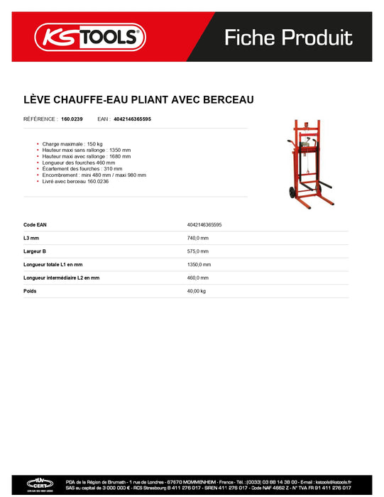 LÈVE CHAUFFE-EAU PLIANT AVEC BERCEAU