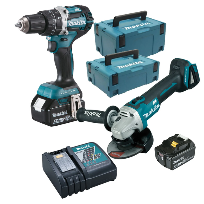 MAKITA 2 outils 18V 2x5Ah DGA506 + DHP484 égal à DLX2210TJ1