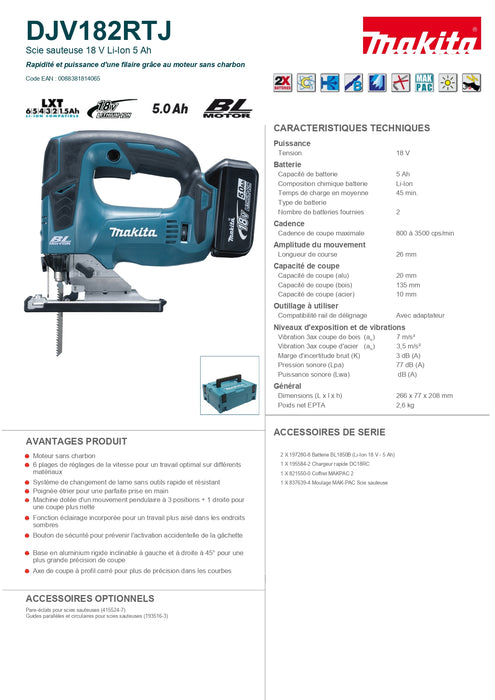 SCIE SAUTEUSE 18V + 2 BATTERIES 5 AH + CHARGEUR + COFFRET MAKPAC MAKITA DJV182RTJ