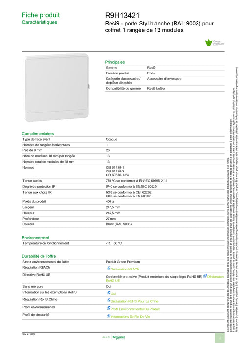 PORTE COFFRET ELECTRIQUE SCHNEIDER - 1 RANGEE DE 13 MODULES 3SCR9H13421