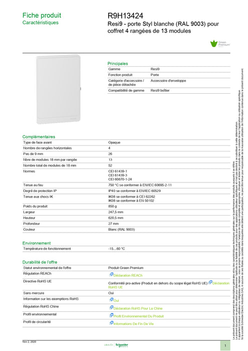 PORTE COFFRET ELECTRIQUE SCHNEIDER 4 RANGEES DE 13 MODULES 3SCR9H13424