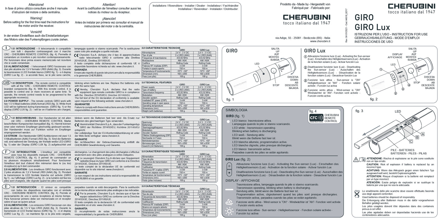 Cherubini A530067L - Telecommande Cherubini Giro Warm Grise