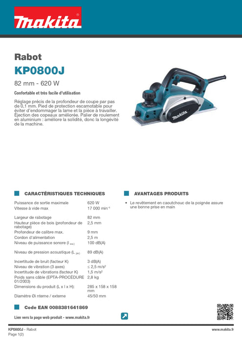 RABOT 620 W 82 MM + COFFRET MAKPAC MAKITA KP0800J