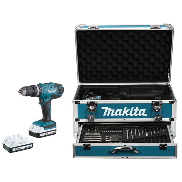 Perceuse visseuse MAKITA à percussion 18 V Li-Ion 1,3 Ah Ø 13 mm (2 batteries + kit d'accessoires)