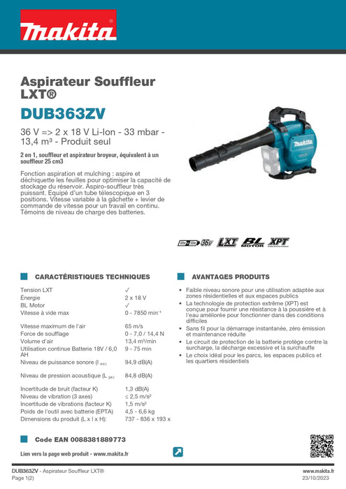 Aspirateur Souffleur MAKITA - DUB363ZV - 36V - Sans batterie