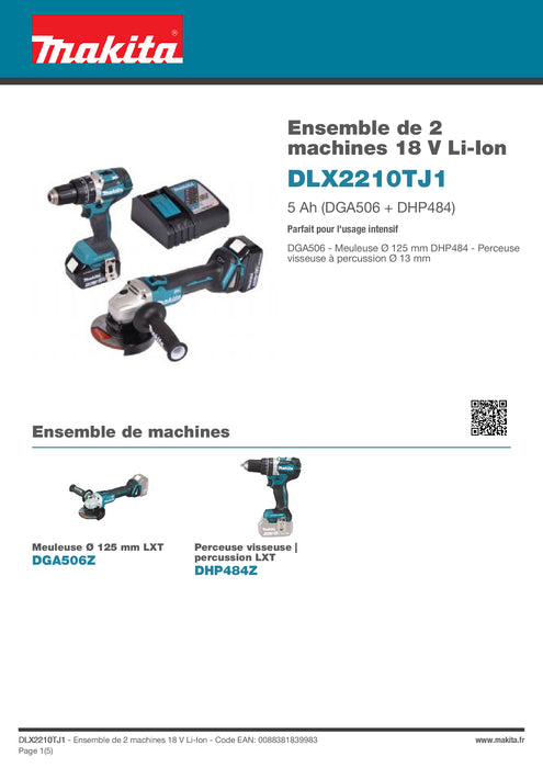 MAKITA 2 outils 18V 2x5Ah DGA506 + DHP484 égal à DLX2210TJ1