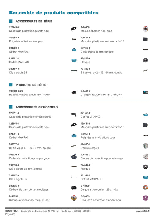 MAKITA 2 outils 18V 2x5Ah DGA506 + DHP484 égal à DLX2210TJ1